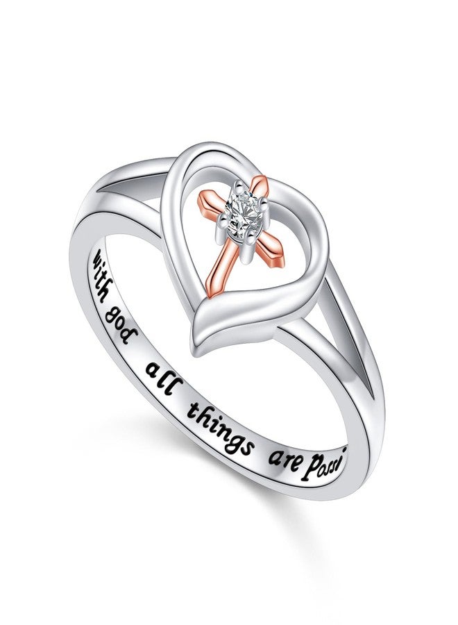 Alphm S925 Sterling Silver Heart Cross Inspirational Faith Bible Verse Christian Rings for Women Jewelry Teen - Image 1