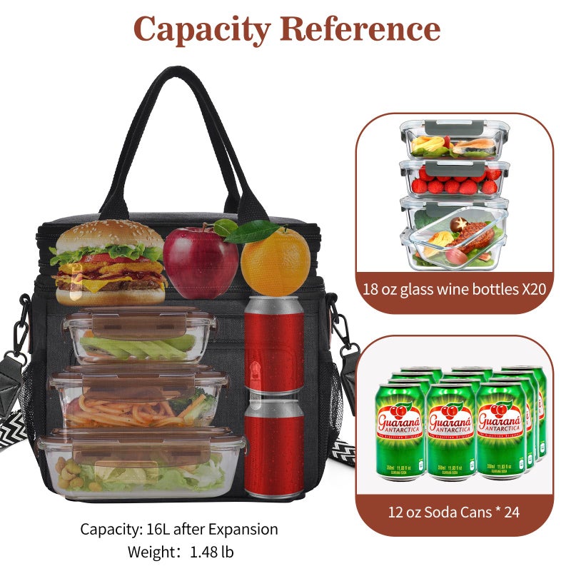 LOKASS Lunch Bag& Lunch Box for Men Women Double Deck,Large Insulated Adult Lunch Box Leakproof Lunchbox Cooler Bag for Work Picnic Beach,ï¼ˆBlack,16Lï¼‰ - Image 3