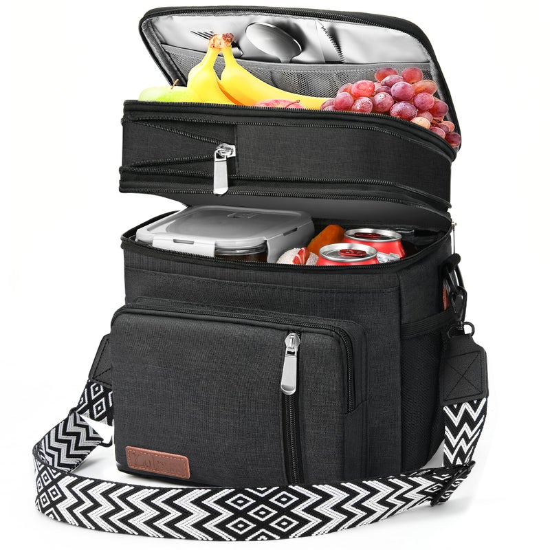 LOKASS Lunch Bag& Lunch Box for Men Women Double Deck,Large Insulated Adult Lunch Box Leakproof Lunchbox Cooler Bag for Work Picnic Beach,ï¼ˆBlack,16Lï¼‰ - Image 1
