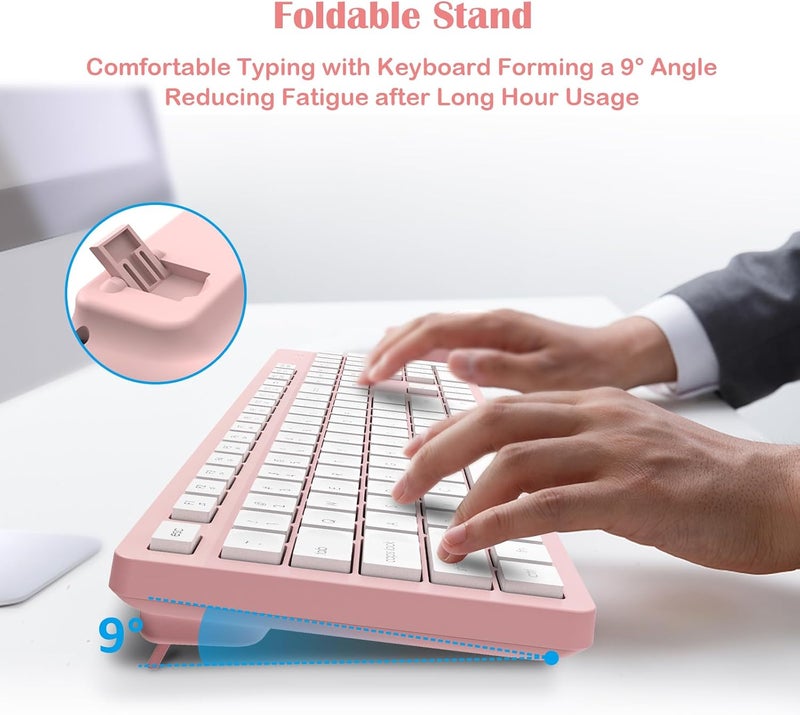 LeadsaiL Wireless Keyboard and Mouse Combo, Full-Sized Ergonomic Computer Keyboard, 2.4GHz Cordless Keyboard Silent Mouse Set with 2-in-1 USB Receiver, 12 FN Shortcuts for Windows Laptop, PC/Mac-Pink - Image 4