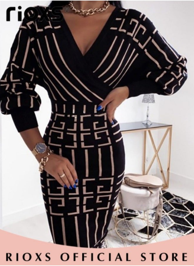 RIOXS Women's Elegant High Waist Dress, V-neck Knitted Jumper Dress with Knee Length, Warm Slim Fit Pullover Dress, Stylish Exquisite Evening Prom Dress, Perfect for Both Casual and Formal Occasions  - Image 2