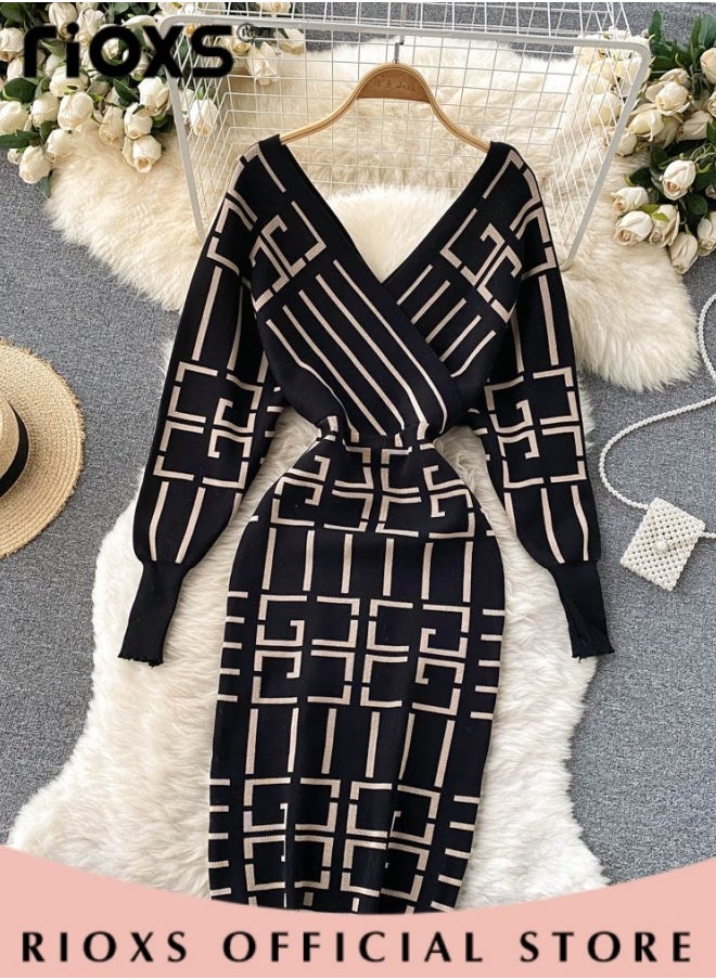 RIOXS Women's Elegant High Waist Dress, V-neck Knitted Jumper Dress with Knee Length, Warm Slim Fit Pullover Dress, Stylish Exquisite Evening Prom Dress, Perfect for Both Casual and Formal Occasions  - Image 4