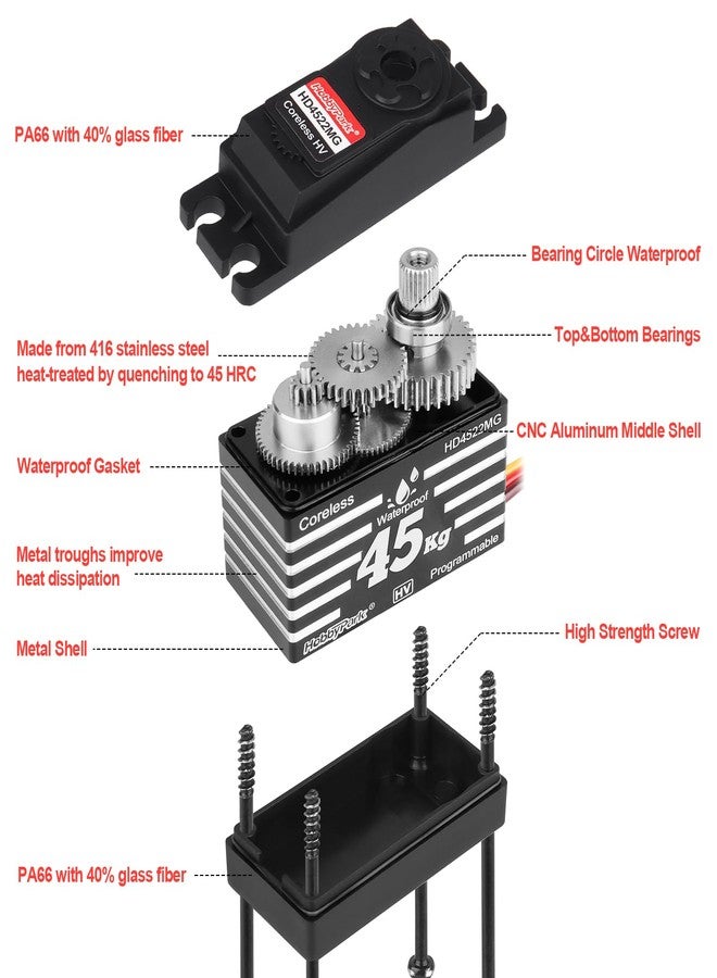 HobbyPark Waterproof 45kg High Torque Servo Coreless Motor 8.4V HV Servo Metal Gear Digital Servo Stainless Steel Gear for RC Crawler RC Car RC Truck Buggy Control Angle 180° Programmable - Image 4