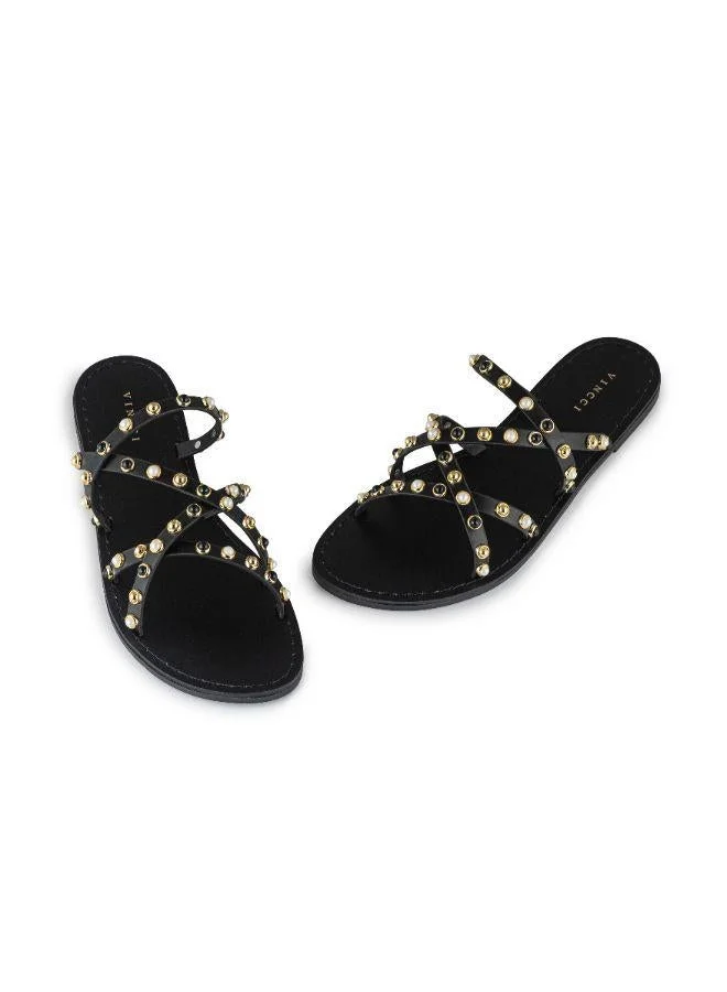 Vincci Black Multi Strap Low Heel Sandals for Women | Best Price UAE