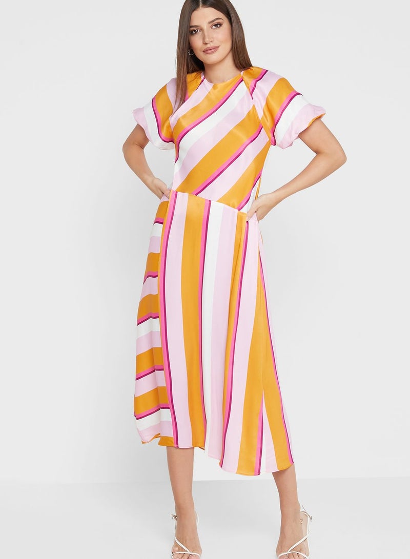 WAREHOUSE Striped Satin Midi Dress - Image 1