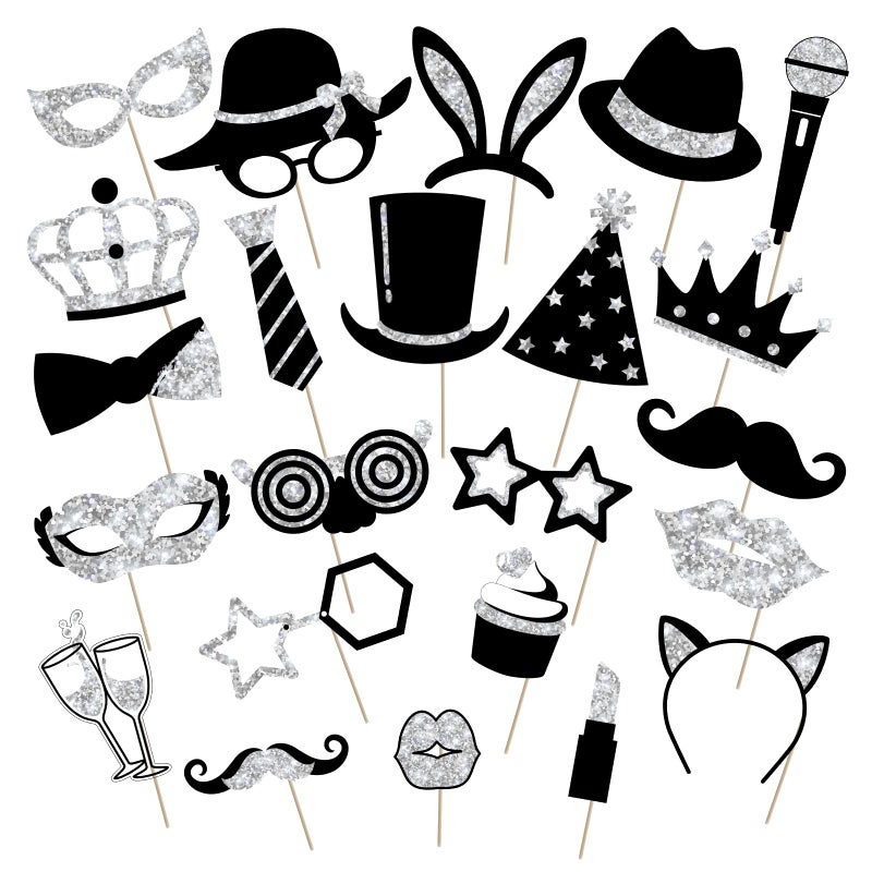 Zonon 24 Pieces Funny Photo Booth Props for Birthday Weddings Graduation Party Supplies Prom Disco Mardi Gras Party Supplies Mix of Hats Lipstick Tie CrownsSilvery
