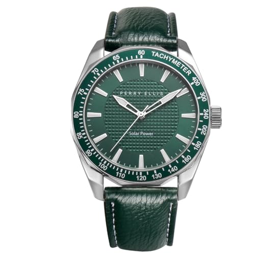 Perry Ellis Solar Powered Mens Watch Vegan Leather WaterResistant Analog Wrist Watches for Men 42mm Case Aluminum Tachymeter Bezel Elegant Gift for Man Green - Image 1
