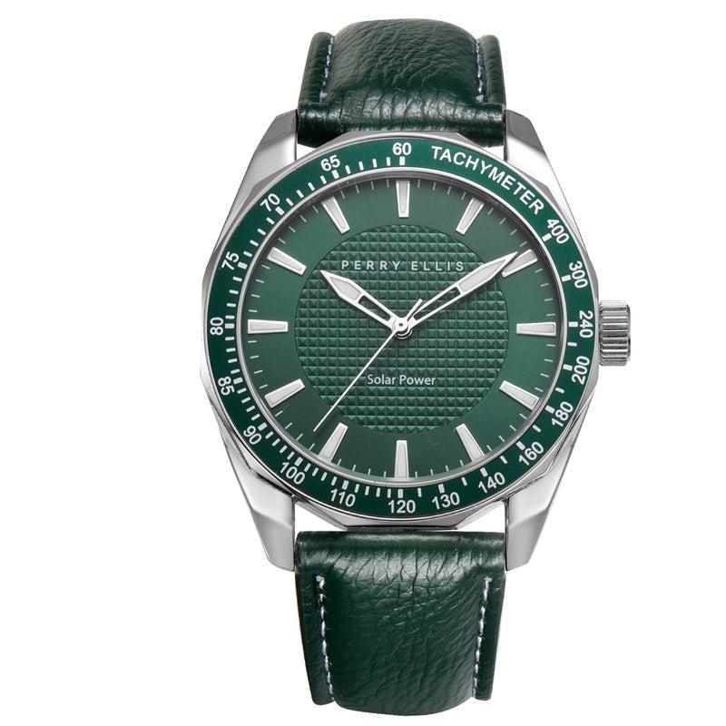 Perry Ellis Solar Powered Mens Watch Vegan Leather WaterResistant Analog Wrist Watches for Men 42mm Case Aluminum Tachymeter Bezel Elegant Gift for Man Green - Image 2