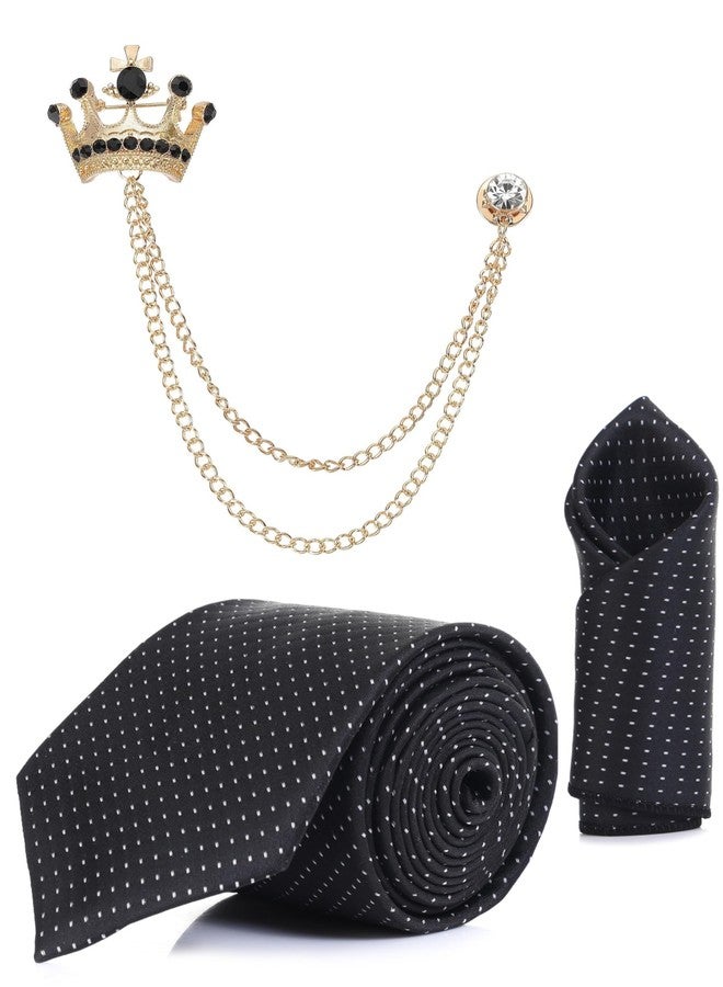 RANDOM STRIPE Complete 3-in-1 Combo Includes premium Polka Dots Necktie, Matching Pocket Square & Elegant Brooch. (black) - Image 1
