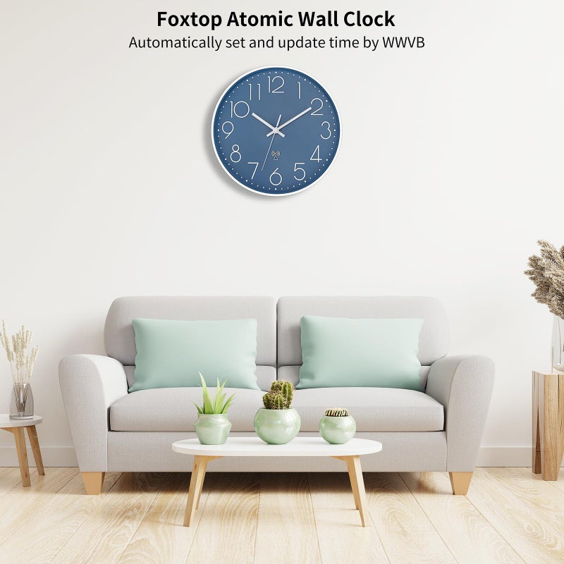 Foxtop Atomic Wall Clock Battery Operated Round Analog Modern Wall Clock Sets Automatically for Office Classroom Bedroom Kitchen Living Room (Cerulean) - Image 2