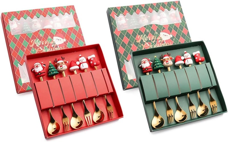 12 Pcs Christmas Spoons Forks Set Stainless Steel Dessert Spoon Fruit Fork Silicone Christmas Tree Santa Topper FlatwareGold  - Image 1