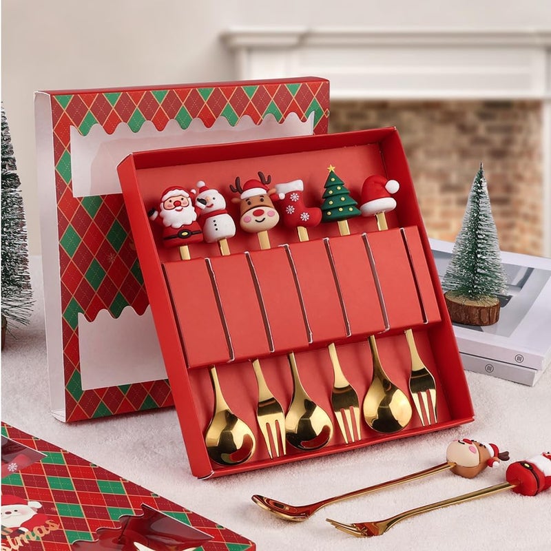 12 Pcs Christmas Spoons Forks Set Stainless Steel Dessert Spoon Fruit Fork Silicone Christmas Tree Santa Topper FlatwareGold  - Image 3