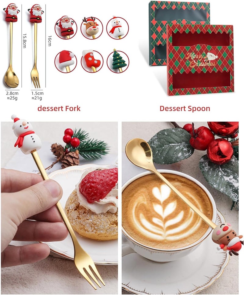 12 Pcs Christmas Spoons Forks Set Stainless Steel Dessert Spoon Fruit Fork Silicone Christmas Tree Santa Topper FlatwareGold  - Image 5