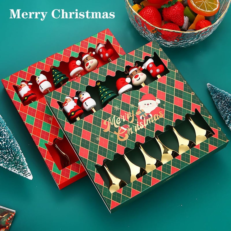 12 Pcs Christmas Spoons Forks Set Stainless Steel Dessert Spoon Fruit Fork Silicone Christmas Tree Santa Topper FlatwareGold  - Image 4
