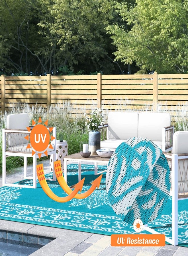 Yamaziot Outdoor Rug 5x8 Ft Waterproof Reversible Plastic Rug for Patio, UV Resistant Portable RV Camping Carpet, Bohemian Indoor Outdoor Rug for Porch, Deck, Balcony, Teal - Image 4