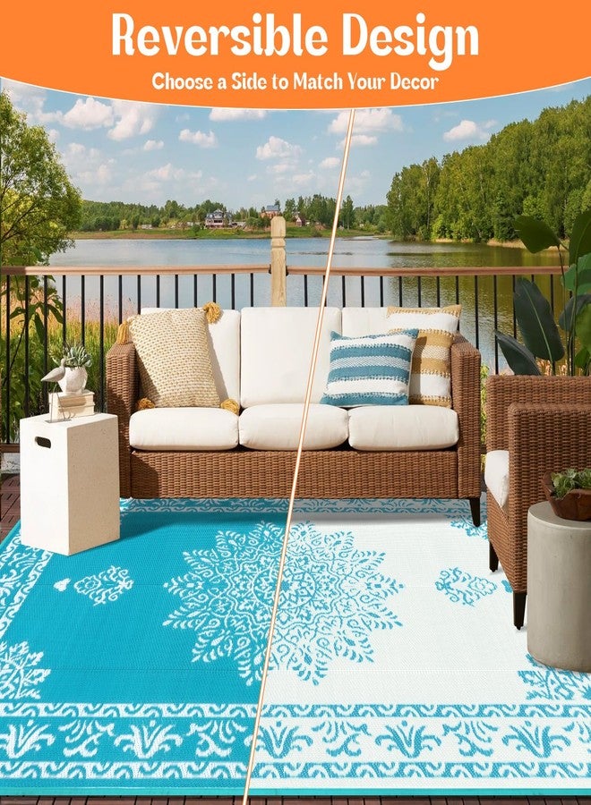 Yamaziot Outdoor Rug 5x8 Ft Waterproof Reversible Plastic Rug for Patio, UV Resistant Portable RV Camping Carpet, Bohemian Indoor Outdoor Rug for Porch, Deck, Balcony, Teal - Image 3