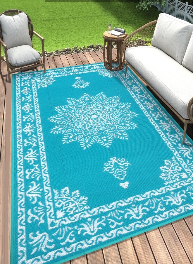 Yamaziot Outdoor Rug 5x8 Ft Waterproof Reversible Plastic Rug for Patio, UV Resistant Portable RV Camping Carpet, Bohemian Indoor Outdoor Rug for Porch, Deck, Balcony, Teal - Image 2