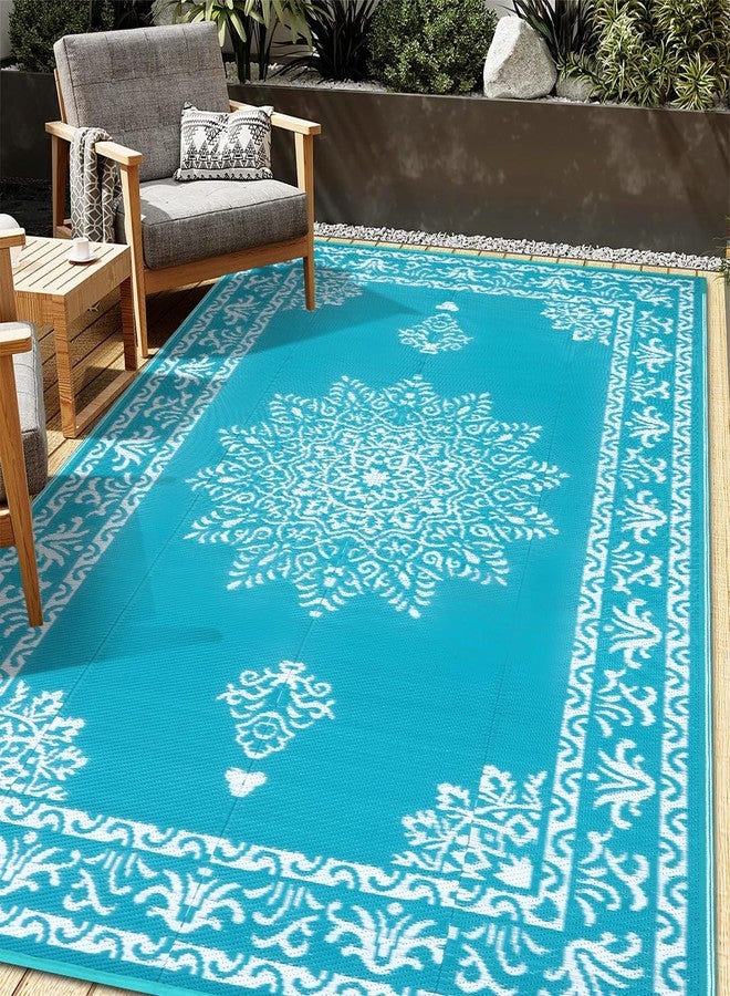 Yamaziot Outdoor Rug 5x8 Ft Waterproof Reversible Plastic Rug for Patio, UV Resistant Portable RV Camping Carpet, Bohemian Indoor Outdoor Rug for Porch, Deck, Balcony, Teal - Image 1