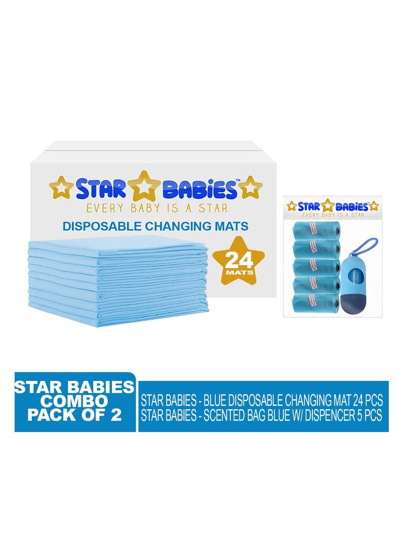 Star Babies - Combo Pack of 2- Disposable Changing Mat Pack of 24 with Scented Bag (5 Pcs w/Dispenser) - Blue - Image 2
