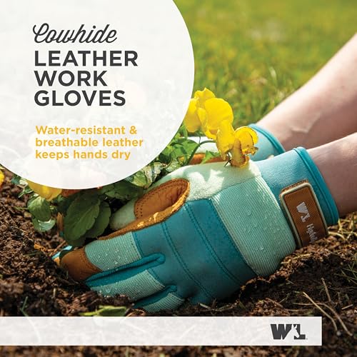 Wells Lamont Women's HydraHyde Leather Hybrid Gloves – Water-Resistant, Durable Cowhide Palm, Spandex Stretch Back – Ideal Landscaping/Farming/Gardening Gloves – Adjustable Wrist – Large, Blue (3250L) - Image 2