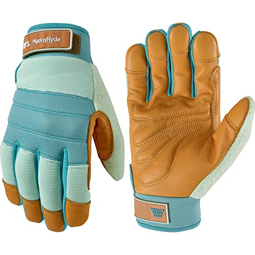 Wells Lamont Women's HydraHyde Leather Hybrid Gloves – Water-Resistant, Durable Cowhide Palm, Spandex Stretch Back – Ideal Landscaping/Farming/Gardening Gloves – Adjustable Wrist – Large, Blue (3250L) - Image 1