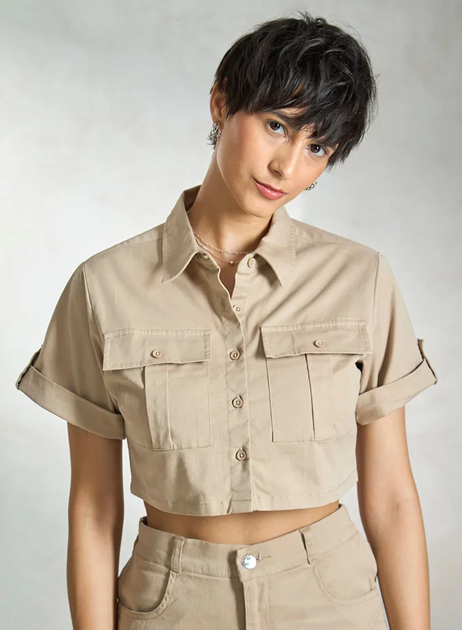 Virgio VIRGIO Cotton Stretch Buckle-Up Crop Shirt