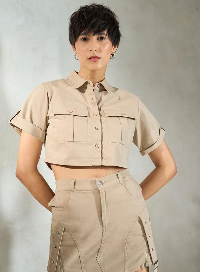 Virgio VIRGIO Cotton Stretch Buckle-Up Crop Shirt