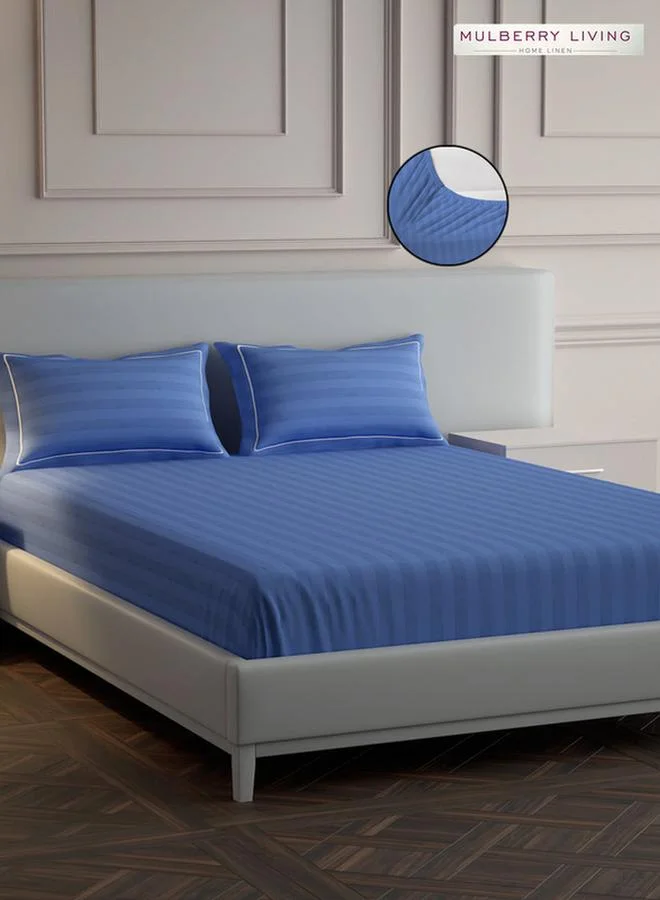 Mulberry Living 100% Cotton Queen Fitted Bedsheet With 2 Pillow Covers - 300Tc Elysian Stripes - Med Blue