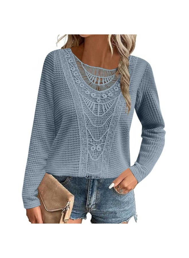 general Womens Summer Tops Short/Long Sleeve Lace Shirts Boho Crew Neck Crochet Knit Blouse Casual Fashion - Image 1