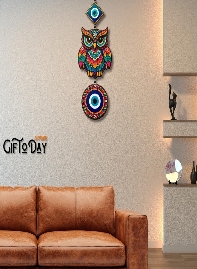 GIFTODAY ديكور حائط خشبي معلق من GiftOday للمنزل | حماية من العين الشريرة، بومة، طاووس، وزوجان لطيفان، ديكور حائط لغرفة المعيشة، غرفة النوم، غرفة الأطفال، والمدخل (بومة ملونة مع عين شريرة) - Image 3