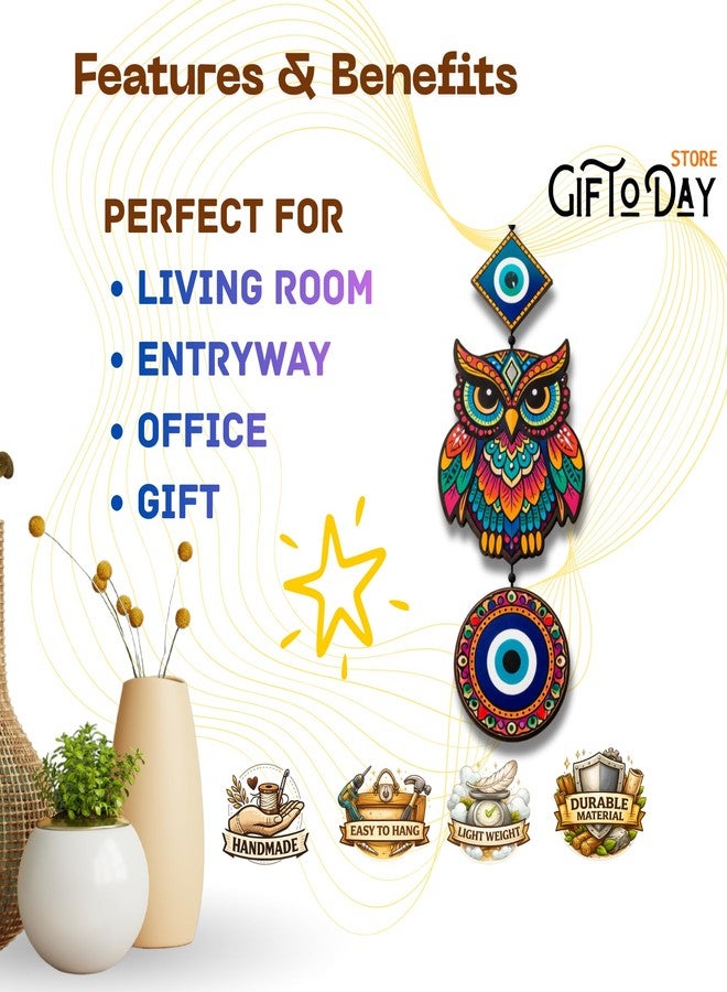 GIFTODAY ديكور حائط خشبي معلق من GiftOday للمنزل | حماية من العين الشريرة، بومة، طاووس، وزوجان لطيفان، ديكور حائط لغرفة المعيشة، غرفة النوم، غرفة الأطفال، والمدخل (بومة ملونة مع عين شريرة) - Image 4