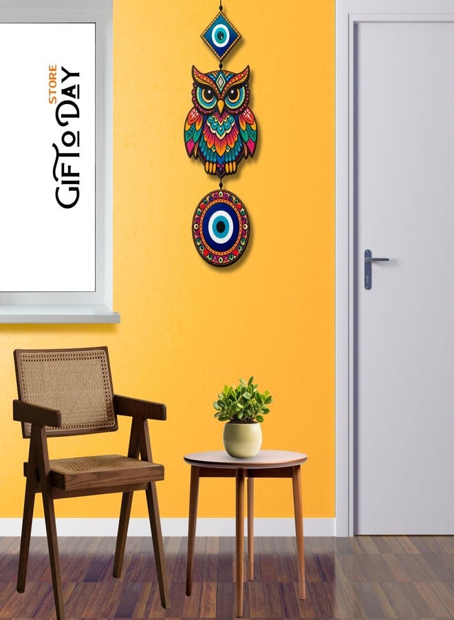 GIFTODAY ديكور حائط خشبي معلق من GiftOday للمنزل | حماية من العين الشريرة، بومة، طاووس، وزوجان لطيفان، ديكور حائط لغرفة المعيشة، غرفة النوم، غرفة الأطفال، والمدخل (بومة ملونة مع عين شريرة) - Image 5
