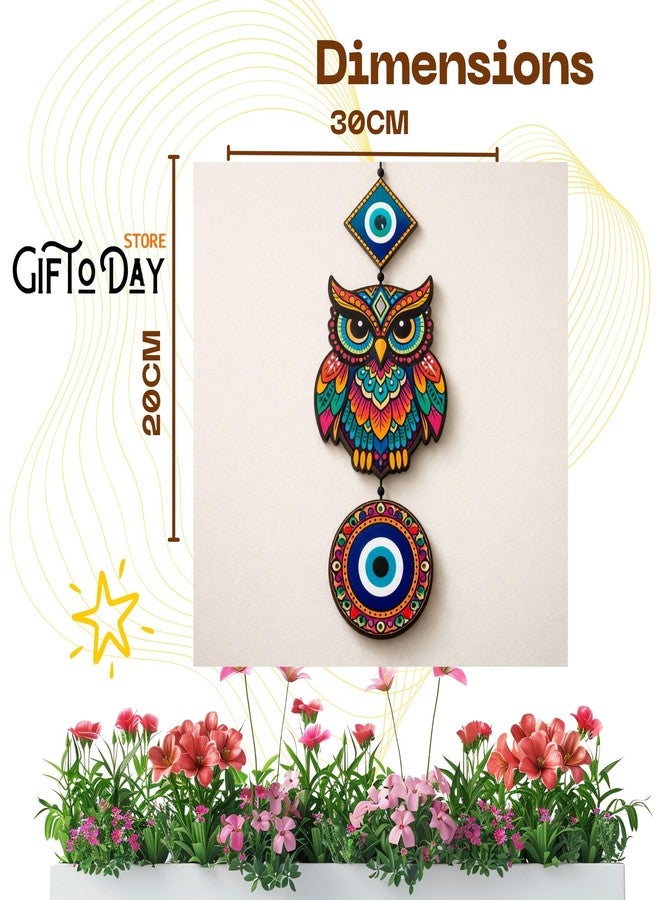 GIFTODAY ديكور حائط خشبي معلق من GiftOday للمنزل | حماية من العين الشريرة، بومة، طاووس، وزوجان لطيفان، ديكور حائط لغرفة المعيشة، غرفة النوم، غرفة الأطفال، والمدخل (بومة ملونة مع عين شريرة) - Image 2