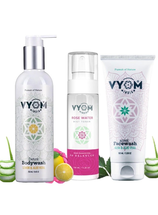 VYOM India Body Care Combo Detox Body Wash(250ml) + Rose Water Spray(100ml) + Acne Face Wash(100ml) For All Skin Type, Certified Purely Organic & Plant Based - Pack of 3 - Image 1