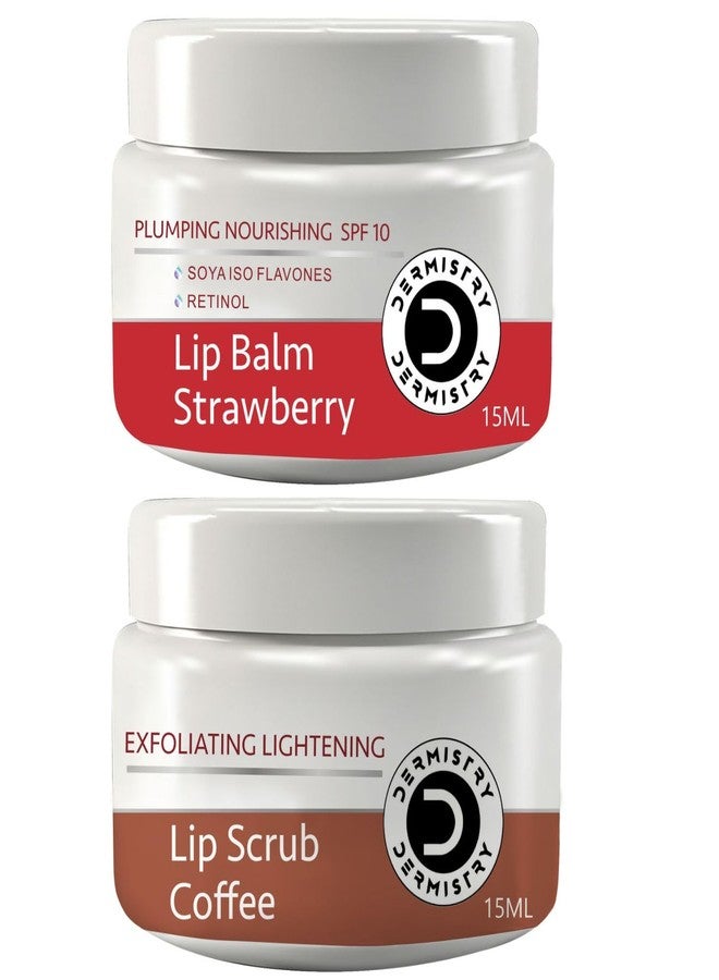 Dermistry Coffee Exfoliating Lightening Brightening Lip Scrub Natural Sugar Coconut Oil Damage Repair & Healing for Men Women (Coffee Lip Scrub & Strawberry Lip Balm Pack of_2 - Image 1