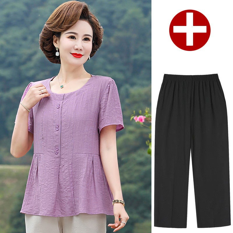 New Fashion Middle-aged Mothers Summer Thin Short-sleeved T-shirt Crewneck Tingsilk Cotton Shirt Belly-covering Slimming Top Purple [jacket 01 black pants]]