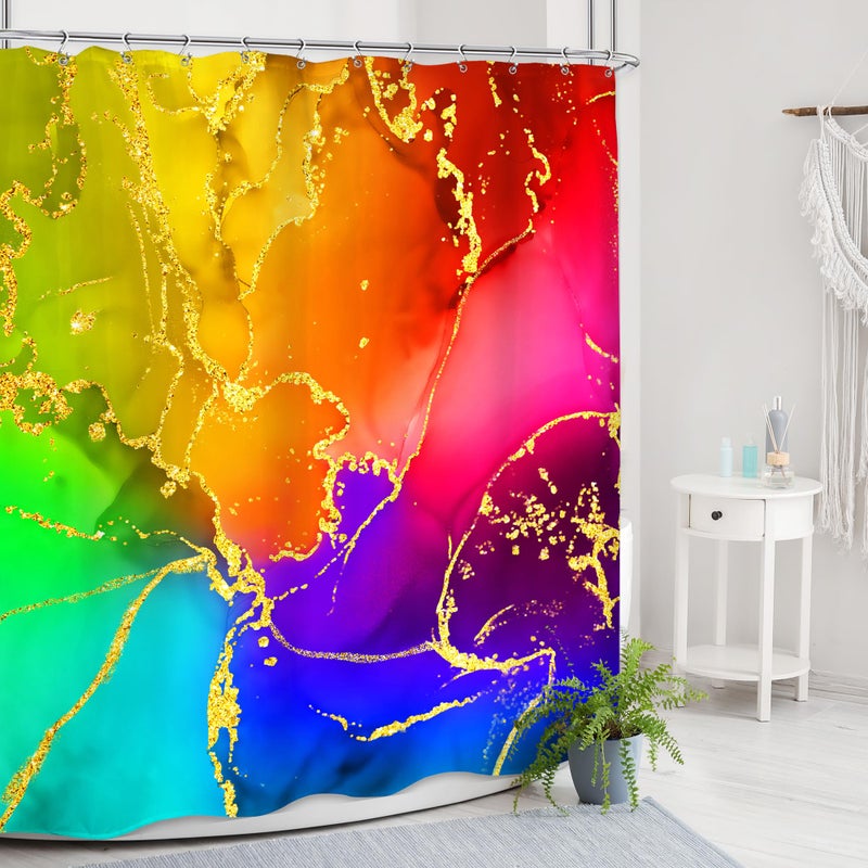 Mitpok Mitpok Abstract Colorful Marble Shower Curtain 60Wx72H Modern Rainbow Ombre Swirl Elegant Gold Tie Dye Ink Texture Luxury Minimalist Unique Bathroom Decor Aesthetic Bath Curtain Polyester 12 Pack Hook - Image 1