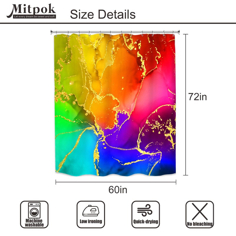Mitpok Mitpok Abstract Colorful Marble Shower Curtain 60Wx72H Modern Rainbow Ombre Swirl Elegant Gold Tie Dye Ink Texture Luxury Minimalist Unique Bathroom Decor Aesthetic Bath Curtain Polyester 12 Pack Hook - Image 2