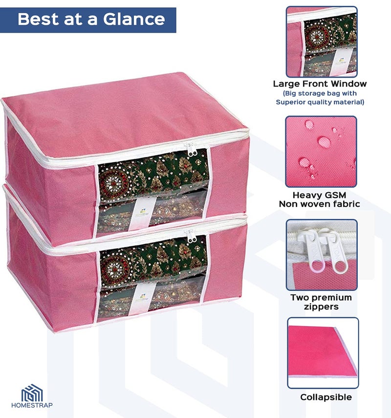 Homestrap Non Woven Large Storage BagOrganiserSaree Cover with Window Pink Beige set of 4 - Image 4