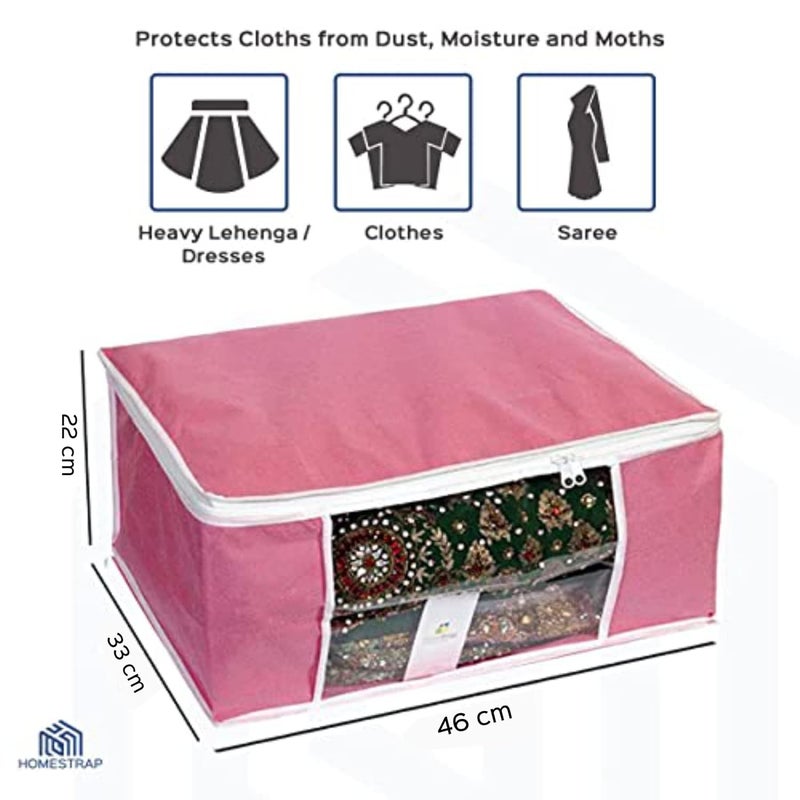 Homestrap Non Woven Large Storage BagOrganiserSaree Cover with Window Pink Beige set of 4 - Image 2