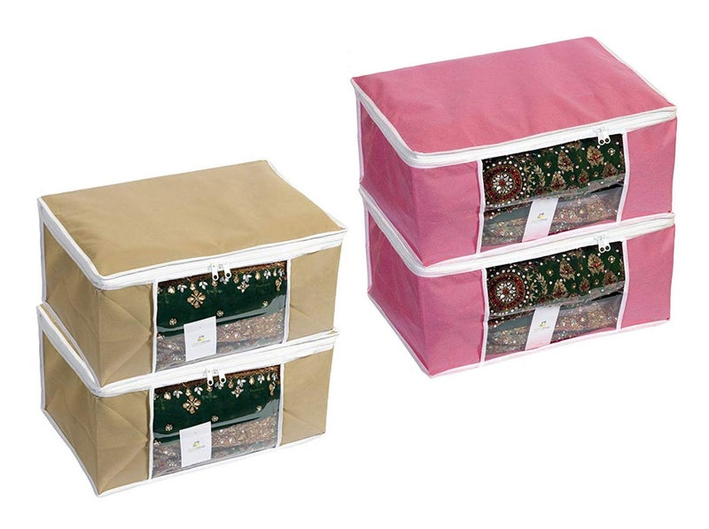 Homestrap Non Woven Large Storage BagOrganiserSaree Cover with Window Pink Beige set of 4 - Image 1