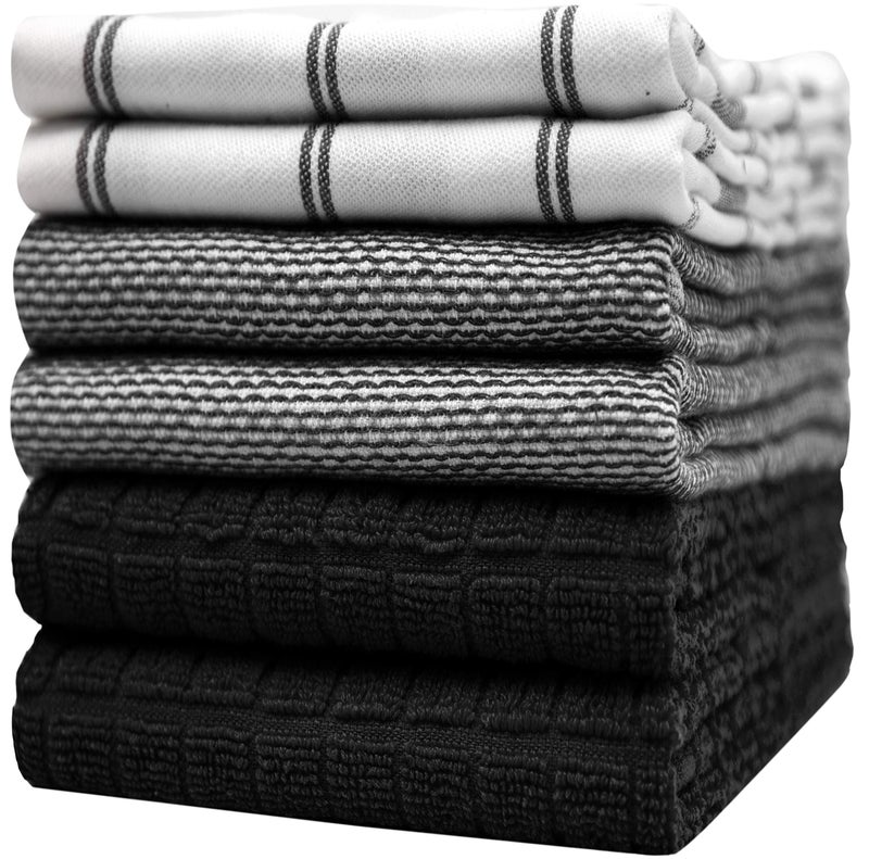 Bumble Towels Premium Kitchen Towels (20”x 28”, 6 Pack) | Large Cotton Dish Towels | Flat & Terry Highly Absorbent Kitchen Linen Set with Hanging Loop | Black Check - Image 1