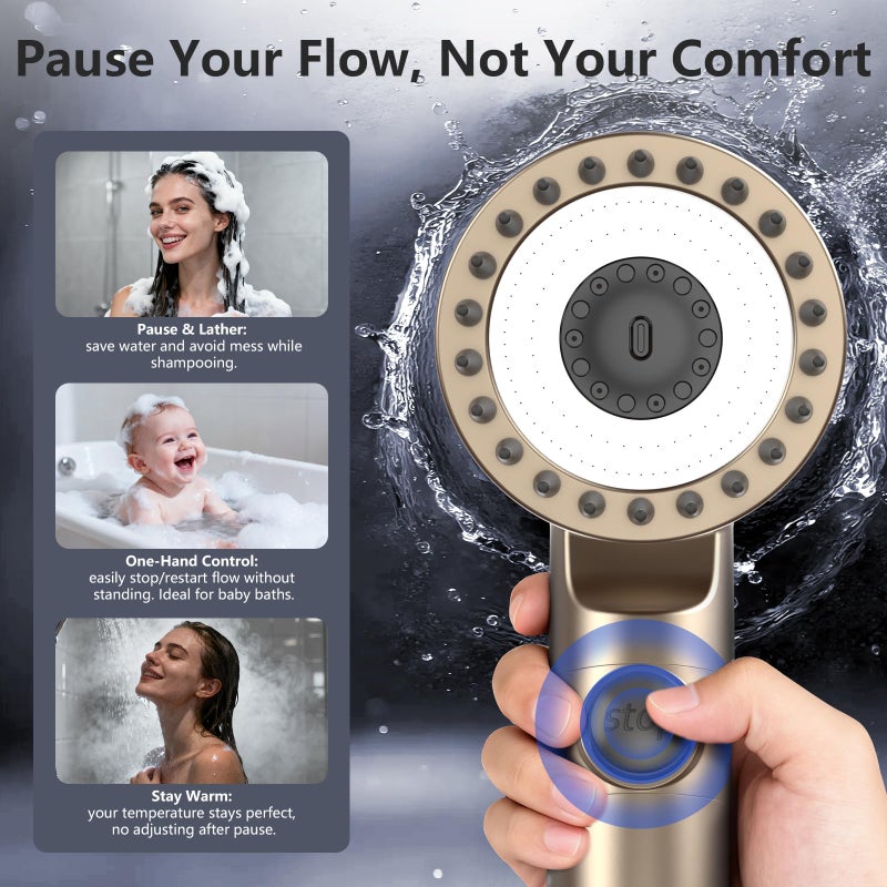 PWERAN Filtered Shower Head with Handheld, High Pressure Water Flow and Multiple Spray Modes Shower Head with Filter, Power Wash for Hard Water, Showerhead with ON/OFF Switch for Pets Bath (Golden) - Image 5
