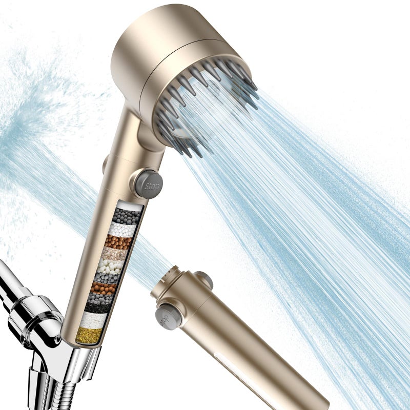PWERAN Filtered Shower Head with Handheld, High Pressure Water Flow and Multiple Spray Modes Shower Head with Filter, Power Wash for Hard Water, Showerhead with ON/OFF Switch for Pets Bath (Golden) - Image 1