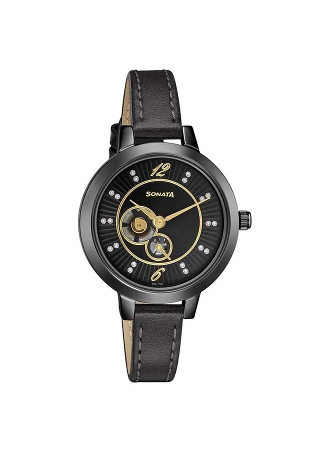 Sonata Round Shape Leather Band Chronograph Wrist Watch 8141NL03 - 32 mm - Black