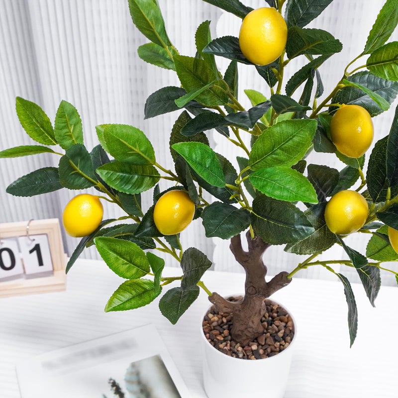 Caxchiling 24Inch Fake Lemon Tree, Lemon Decor for Tabletop, Desk, Centerpiece, Home, Kitchen, Living Room, Artificial Potted Plants with White Planter and Stone Cover - Image 2