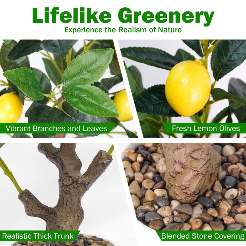 Caxchiling 24Inch Fake Lemon Tree, Lemon Decor for Tabletop, Desk, Centerpiece, Home, Kitchen, Living Room, Artificial Potted Plants with White Planter and Stone Cover - Image 3