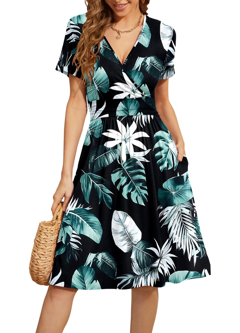 WEACZZY Summer Dress for Women Casual Short Sleeve Black Dresses Wrap V-Neck Party Dress with Pockets,Banana Leaves,M - Image 1
