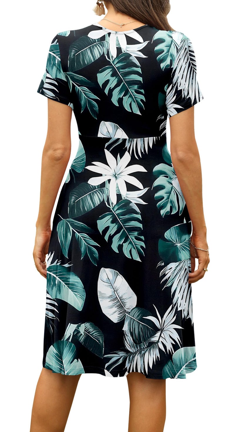 WEACZZY Summer Dress for Women Casual Short Sleeve Black Dresses Wrap V-Neck Party Dress with Pockets,Banana Leaves,M - Image 4