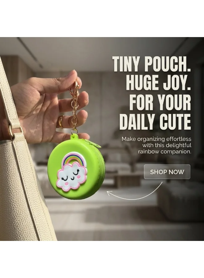 Mobcos Green Rainbow MOBCOS Mini Pouch Keychain – Cute Round Zipper Coin Purse & Multipurpose Mini Storage Bag with Keyring for Coins, Cash, Keys and Small Essentials | Green Rainbow  | Best Price UAE